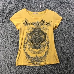 Cultureplay Tshirt Womens Medium Cross Embellished Love & Peace Yellow Shirt